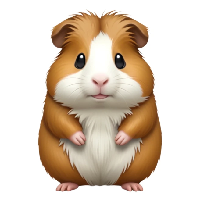 cinematic-[guinea pig]-realistic-full- long elongated body-standing-emoji,-tiny-paws-tucked-close,-head-tilted-dramatically,-fluffy-[brown and white]-fur,-simplified-yet-realistic-focused-features,-highly-detailed,-glowing-with-an-almost-sarcastic-glow sticker