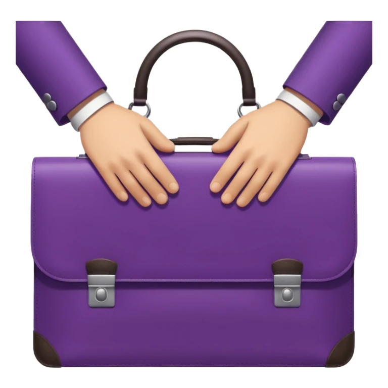Minimal two-tone purple icon: two hands exchanging a briefcase. Geometric, transparent background. sticker
