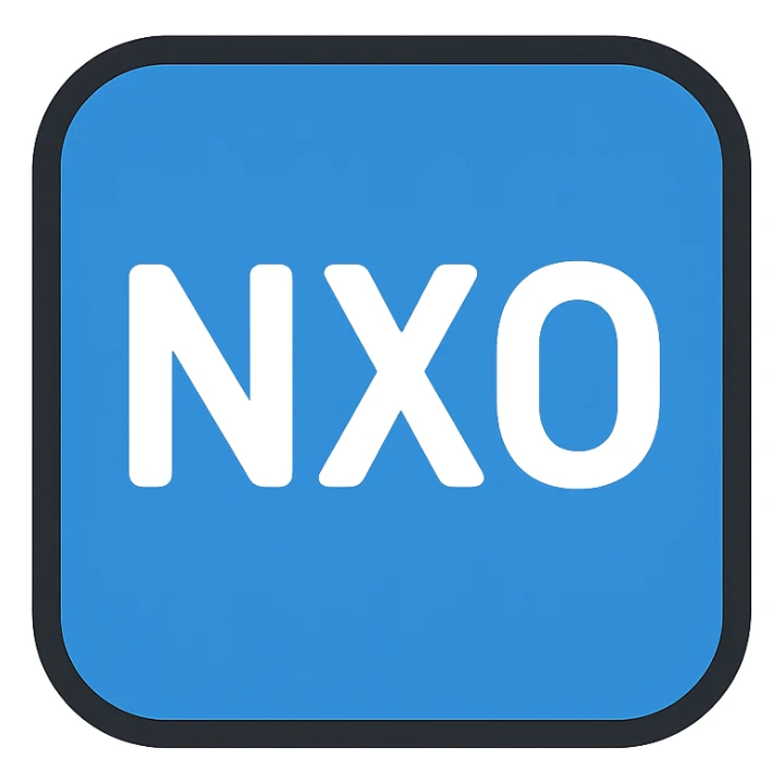 NxO in the center, bold white letters on a blue background, modern icon style sticker