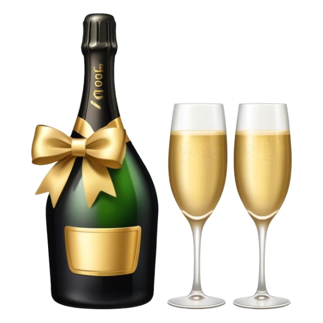 Black Champagne bottle with gold bow, plus two glasses  sticker