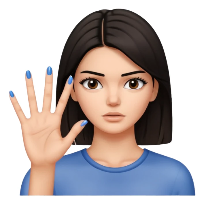 kendall jenner looking anoyed and showing one palm which is small signalising stop sticker