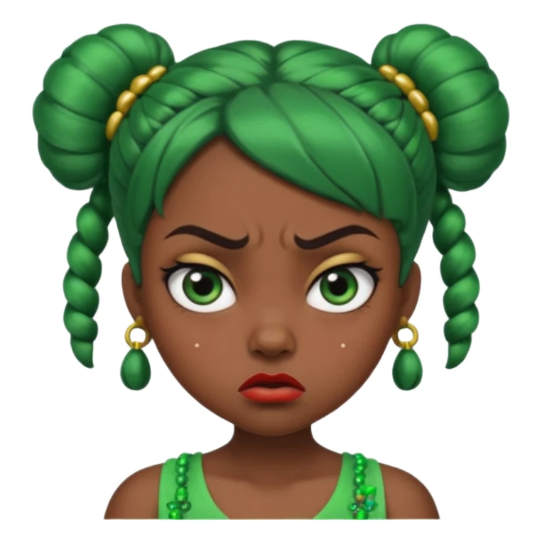 Create a 3D cartoon-style girl character with dark skin, round face, angry expression, big wide eyes, and tightly styled double buns made of green beaded hair. The girl should look irritated, eyebrows sharply angled, and lips pressed in a frown. sticker