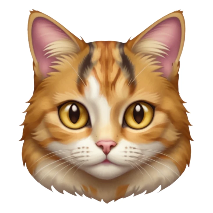 full body anxious looking colourful light calico tabby cat with hazel eyes  and half of face in brown tabby sticker