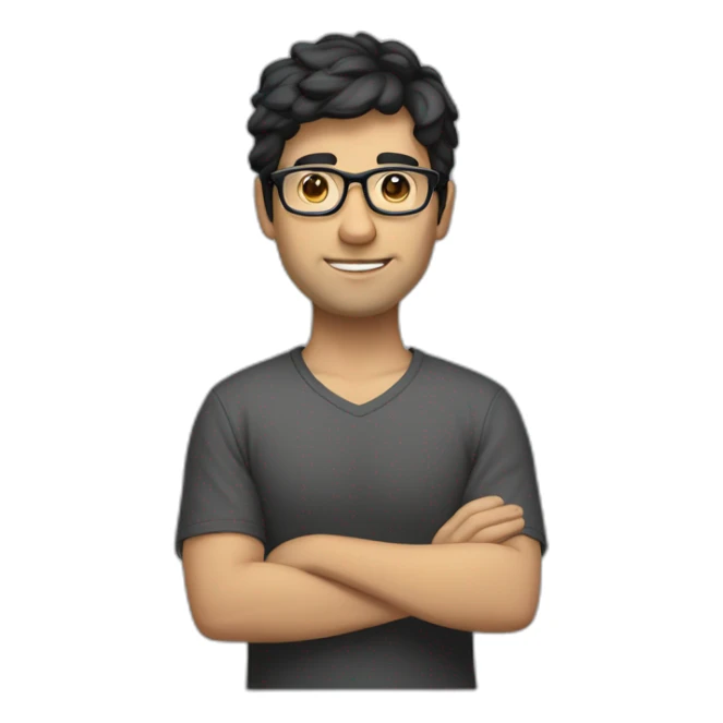 developer with black hair, no beard, glasses and hazel-colored white skin with mackbook sticker