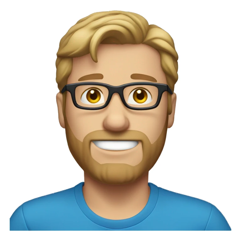 white guy with no beard, dark blond hair brad pit style square glasses blue eyes in laptop wearing blue t-shirt sticker