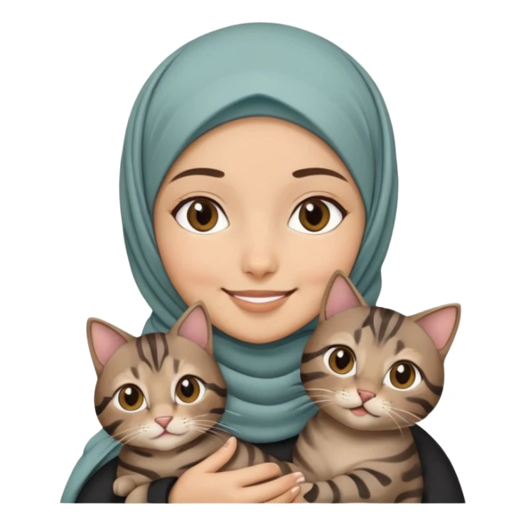 Girl wearing hijab smiling while holding a black brown grey tabby cat sticker