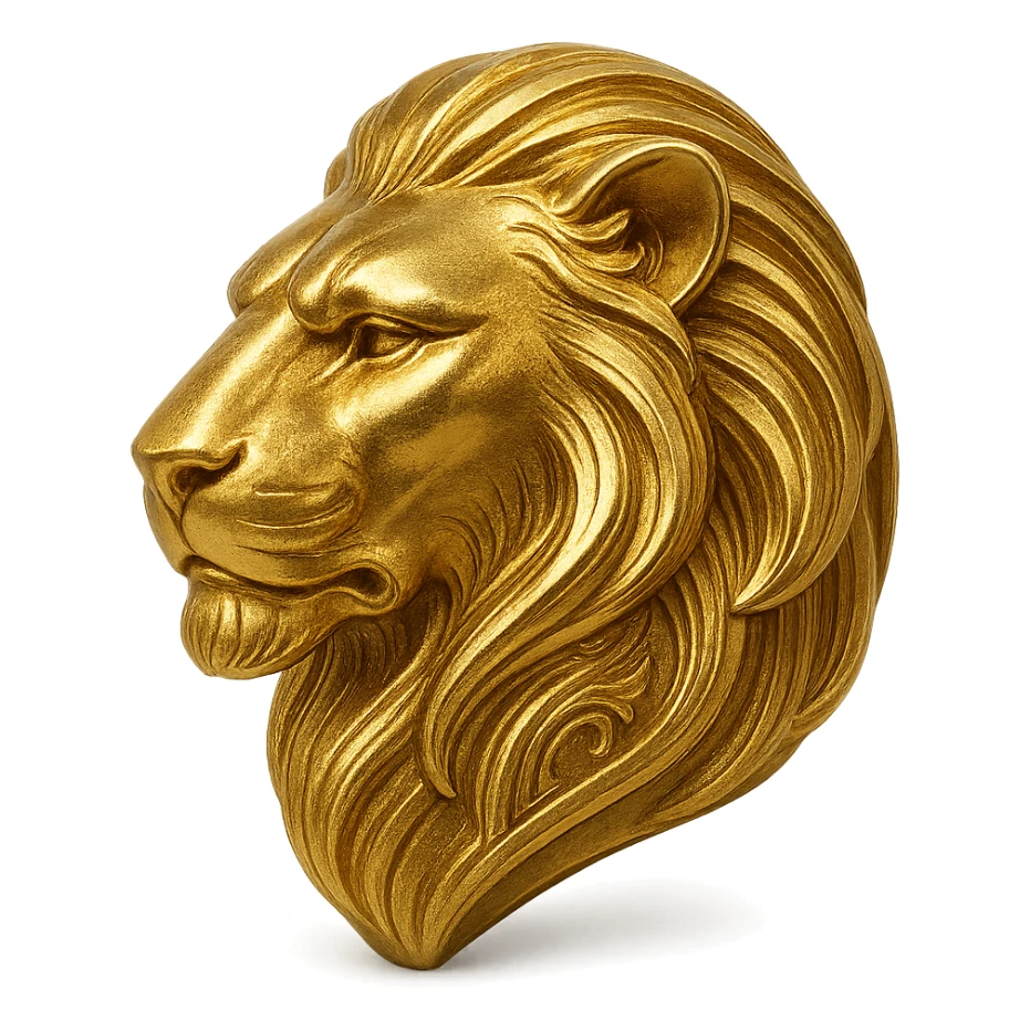 a gold lion head in profile, metallic sheen, bold and iconic sticker