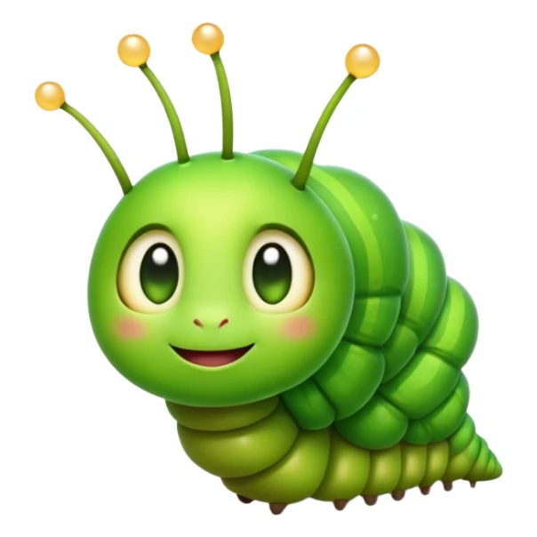 Cinematic Realistic Cute Caterpillar Portrait Emoji, Head tilted playfully and inquisitively, featuring a compact, segmented body in bright, vibrant green with delicate, inviting textures and a charming, rounded face with sparkling eyes full of curiosity, rendered with lifelike detail and natural highlights, high shine, affectionate and spirited, styled with a touch of garden whimsy, soft glowing outline, capturing the essence of a mischievous yet lovable caterpillar that seems poised to crawl cheerfully into your arms! sticker