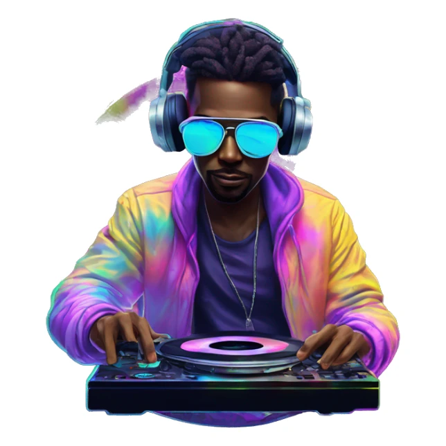 A dj wearing sunglasses playing music holding a cd record record, vinyl, oilslick holographic blacklight inverted graffiti dark dull sticker
