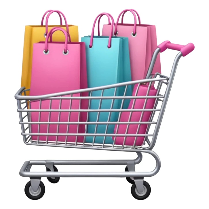 Carrinho na cor rosa cheio de compras femininas, com diversas maquiagens, roupas  sticker