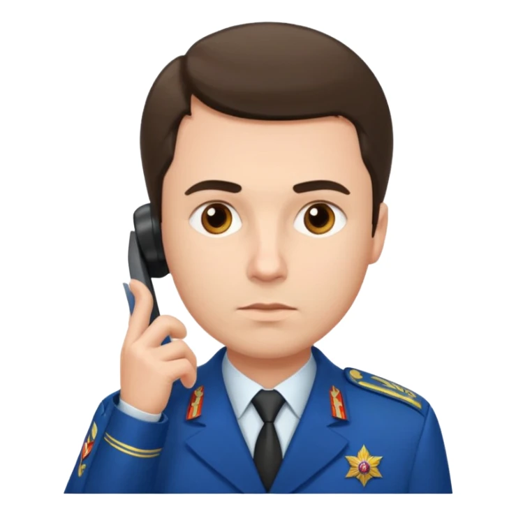 A Russian prosecutor's uniform, a man with a phone looking at something sticker