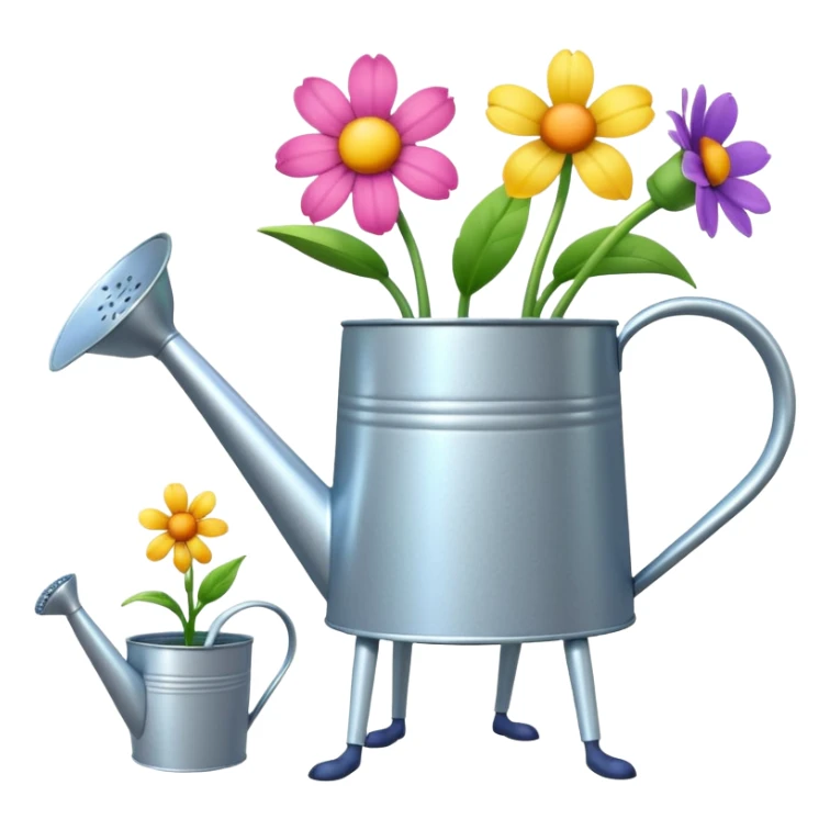 give me a watering can with legs. anthropomorphise the can. have the can watering 3 plants on the grown (flowers) sticker
