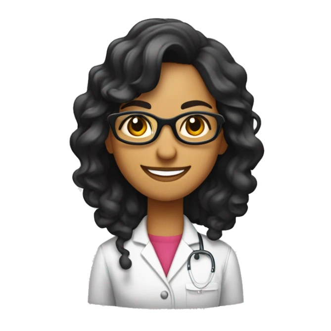 científica, morena de cabello negro ondulado recogido con una cola, con lentes, sonriente, con bata de laboratorio blanca sticker