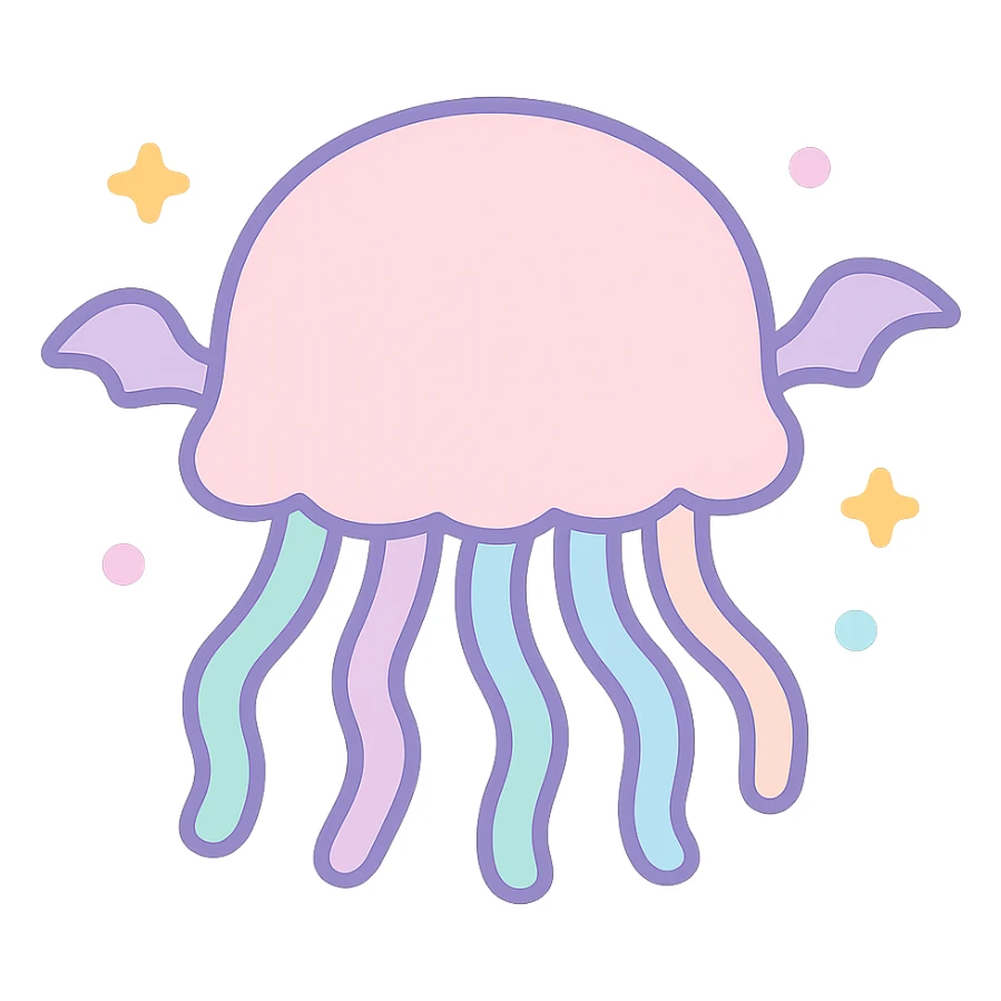 Remove background, keep kawaii style jellyfish with no face, pastel dreamy colors, mini bat wings, floating softly, transparent background sticker