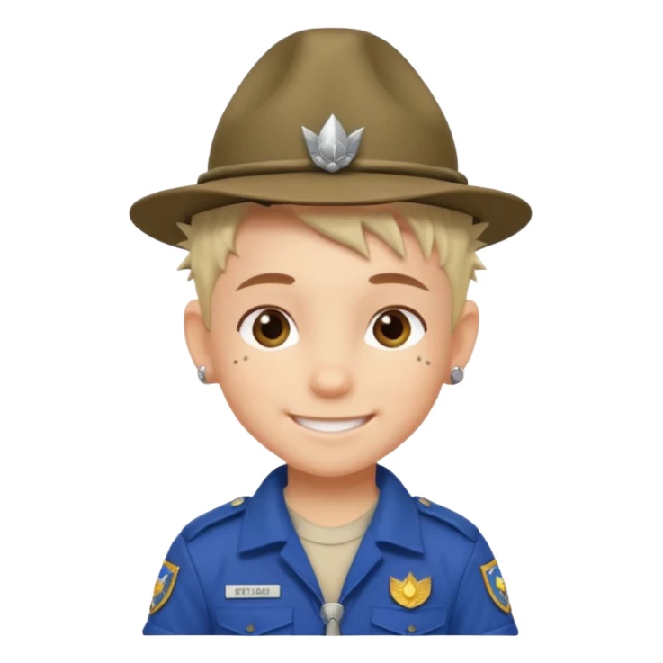 tattoed scout kid, spiky haired with scout uniform and hat sticker