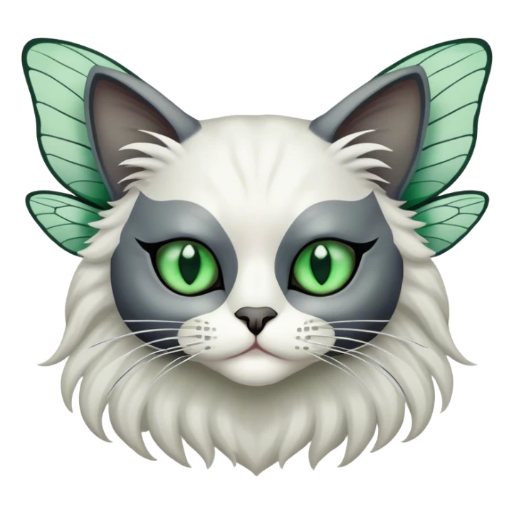 dark gray ragdoll Cat white mask with dragonfly wings antennae green eyes sticker