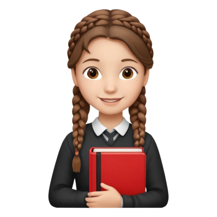 brown braid hair girl kid, student, black gile, red book sticker