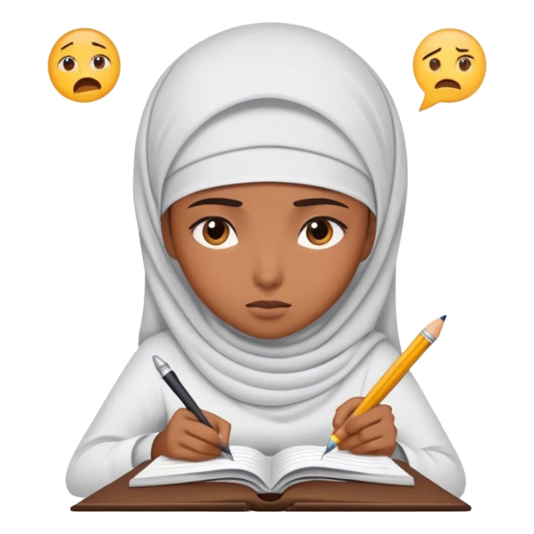 muslim girl writing in notebook with difficulty, with confusion, emoji question sticker