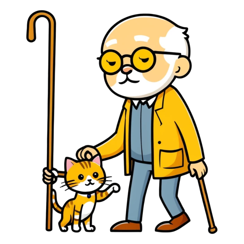  old blind man and his walking stick with golden cat ￼ sticker