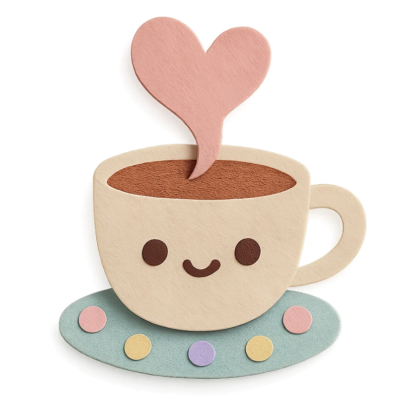 coffee cup with heart-shaped steam, kawaii style, pastel polka dot background sticker