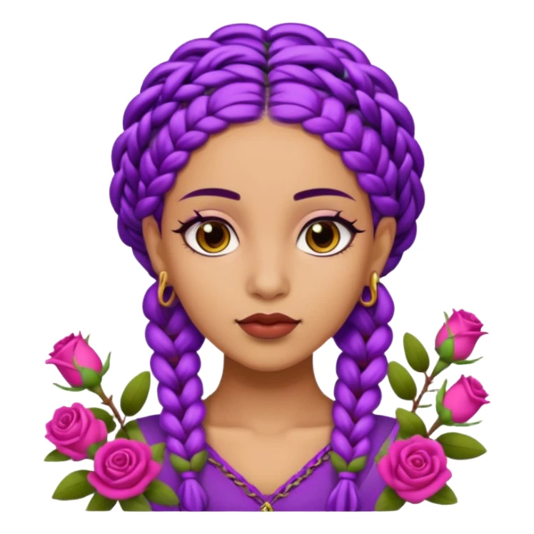 Olive skin queen with purple braids, brown eyes surrounded by roses sticker