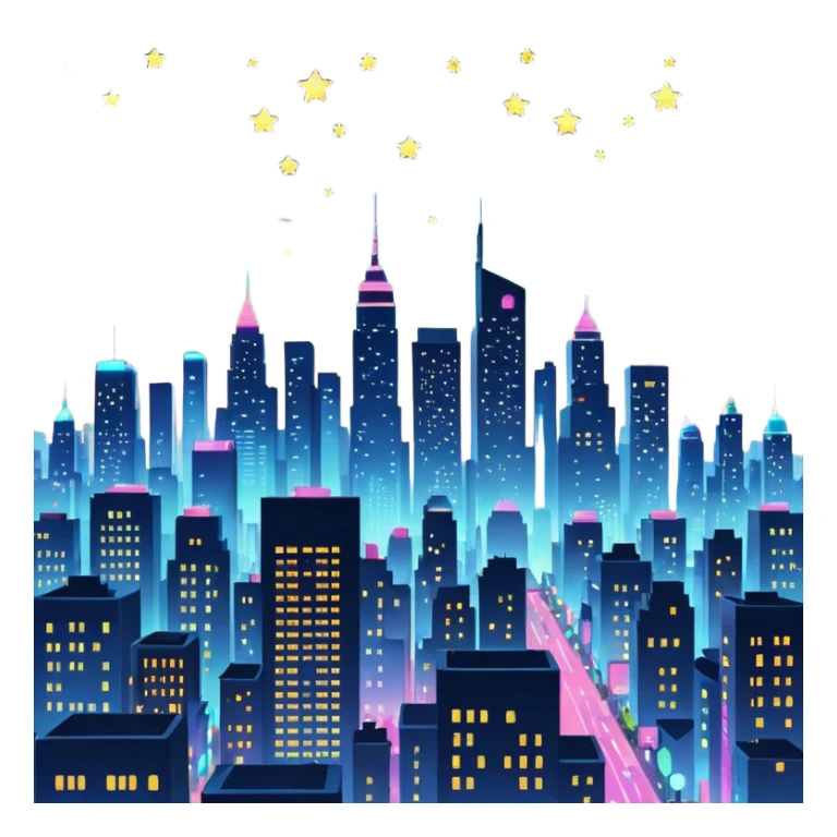 8k quailty, extremely high resolution.  bustling city skyline at nightfall, with detailed towering buildings, detailed neon glowing lights, sparkly stars above in background in dark color sky, urban-themed sticker