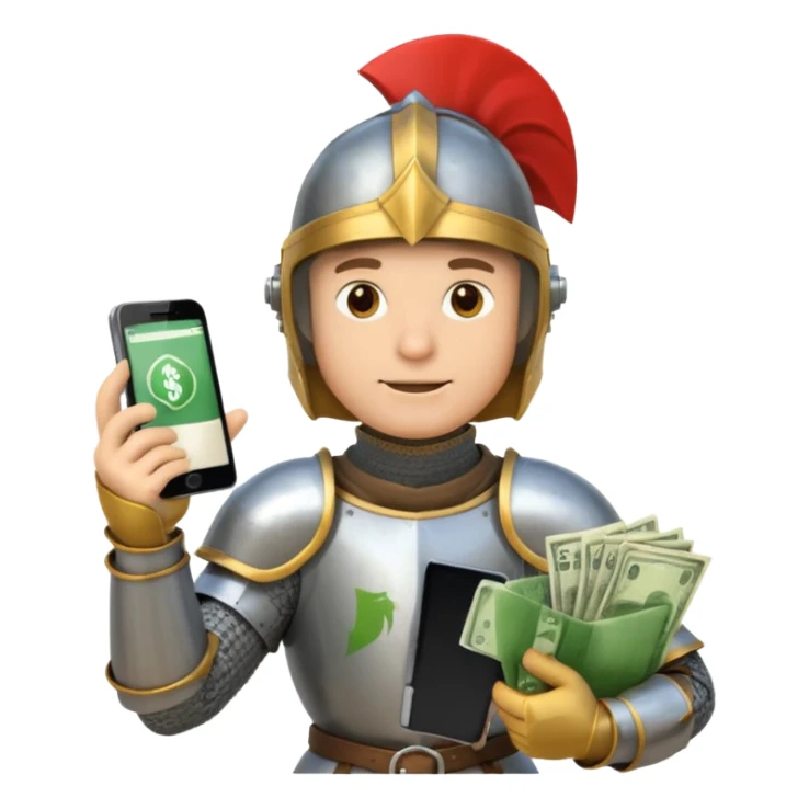 Knight with helmet holding phone and money neutral skin colour sticker