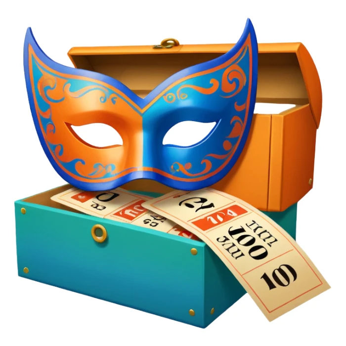 a box and a carnival mask in orange, blue and green with tickets as a bundle sticker