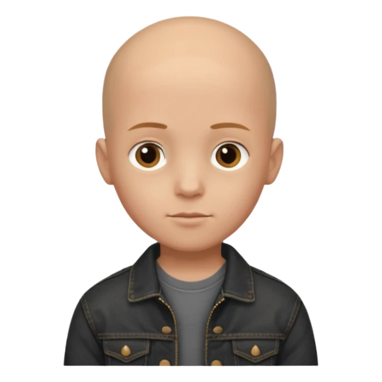  a young boy with bald head, black jeans jacket, plain forehead sticker