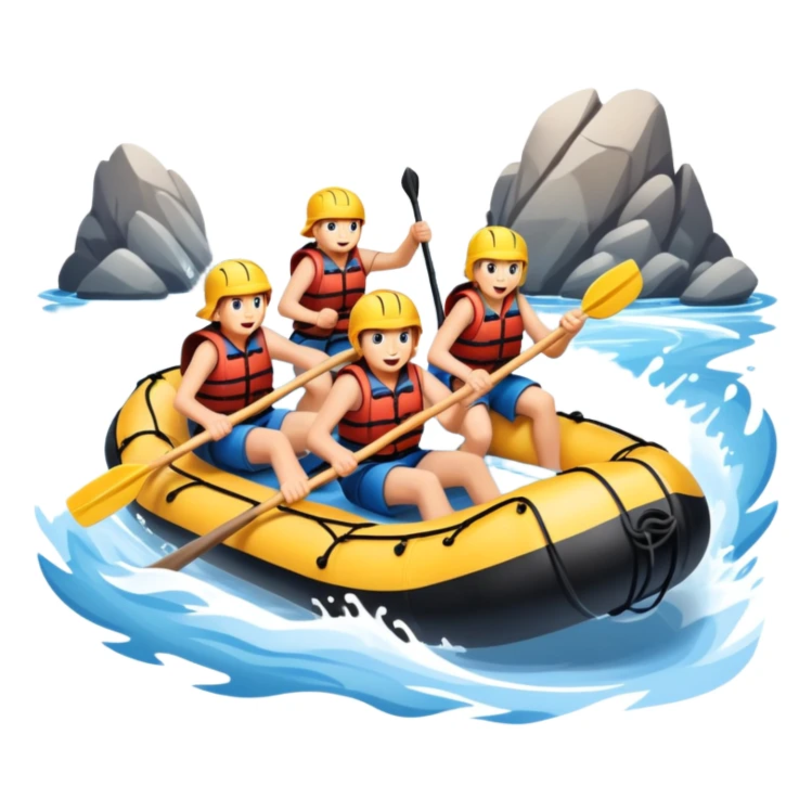 A group of adventurers paddling a raft through wild, fast-moving river rapids. The scene includes splashing water, rugged rocks, and intense action, emphasizing the excitement and teamwork of rafting in challenging conditions. sticker