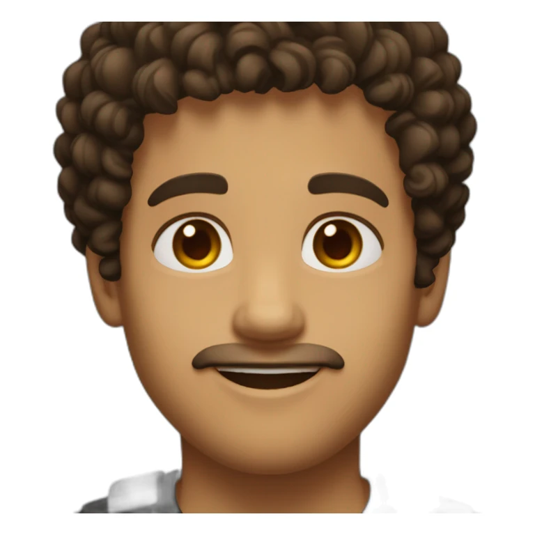 man short dark brown hair curls on forehead with brown eyes smiling black shirt light skin sticker