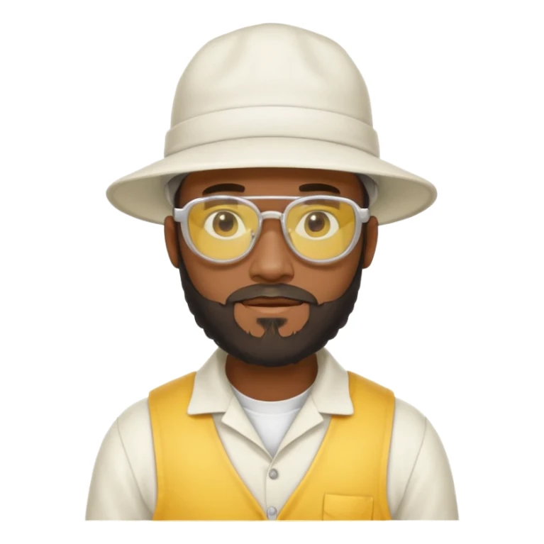 black male bee keeper with beard, white hat and yellow glasses, white outfit,  sticker