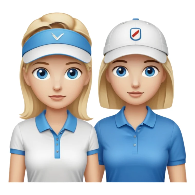 Blonde woman with blue eyes wearing golf visor playing golf with white man with brown hair and brown eyes wearing blue polo sticker