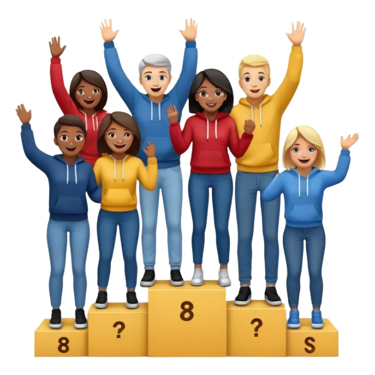 multi-racial group on a winners’ podium, middle step higher, all in jeans and hoodies, excited, fun emoji style sticker
