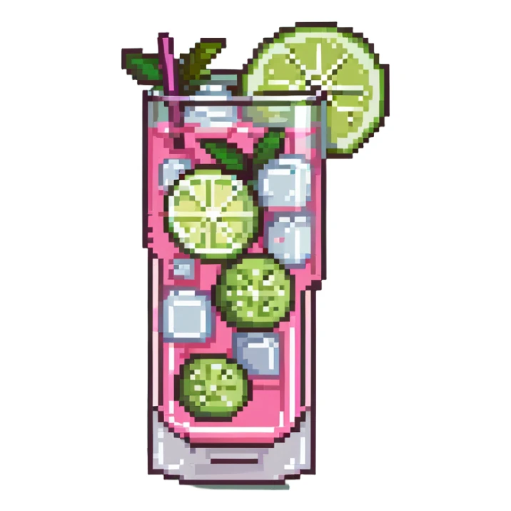 pink cocktail in tall glass with ice cubes and lime slice sticker