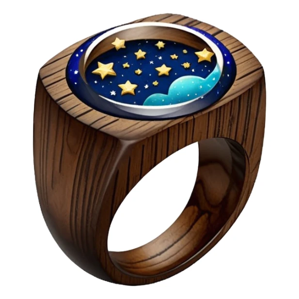 dark wood ring with epoxy resin in space and stars motifs crystal sticker