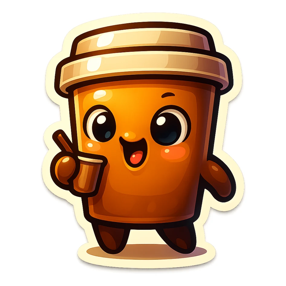 Tall coffee cup, intrigued, drinking, watching sticker