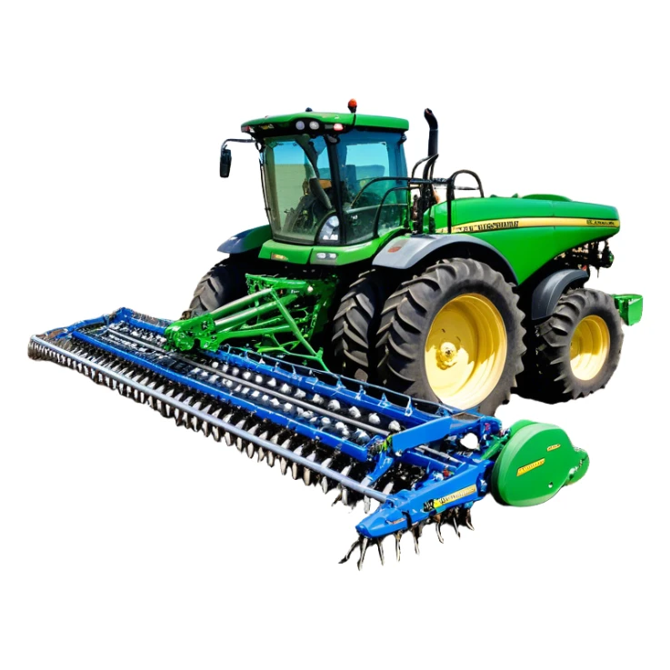 Bourgault 3420 Paralink Hoe Drill (2022) – Cinematic-realistic John Deere 6155M tractor hauling a Bourgault 3420 Paralink Hoe Drill, its powerful green frame pulling the vast blue seeder across endless fields. The machine plants seeds with pinpoint accuracy, leaving precise rows in the rich brown soil,  sticker