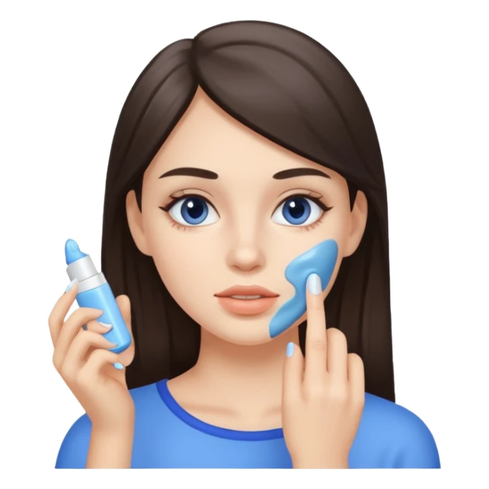 white brunette girl applying blue cream on face sticker
