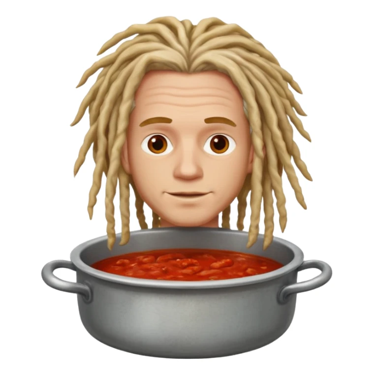 a white man with dreadlocks immersed in a pot of sauce sticker