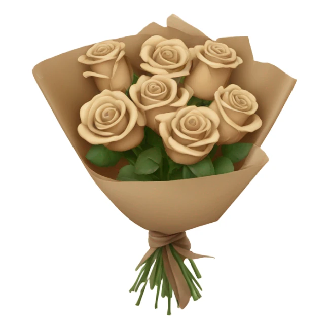 Bouquet of beige and brown roses in a paper package sticker