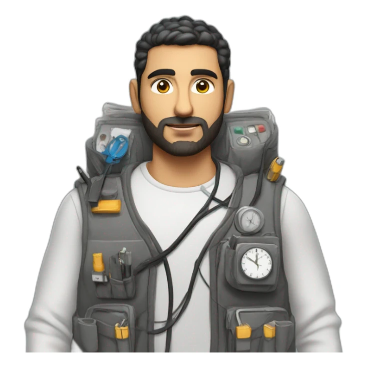 arab man in large bulky vest with many pockets with electrical wires connecting pockets and single analog clock on a pocket sticker