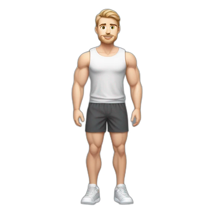 Full height Pale skinned muscular man With Realistic eyes and mouth, light brown hair and stubble In dark gray sleeveless mike, black oversize sports shorts, watch and white sneakers. sticker