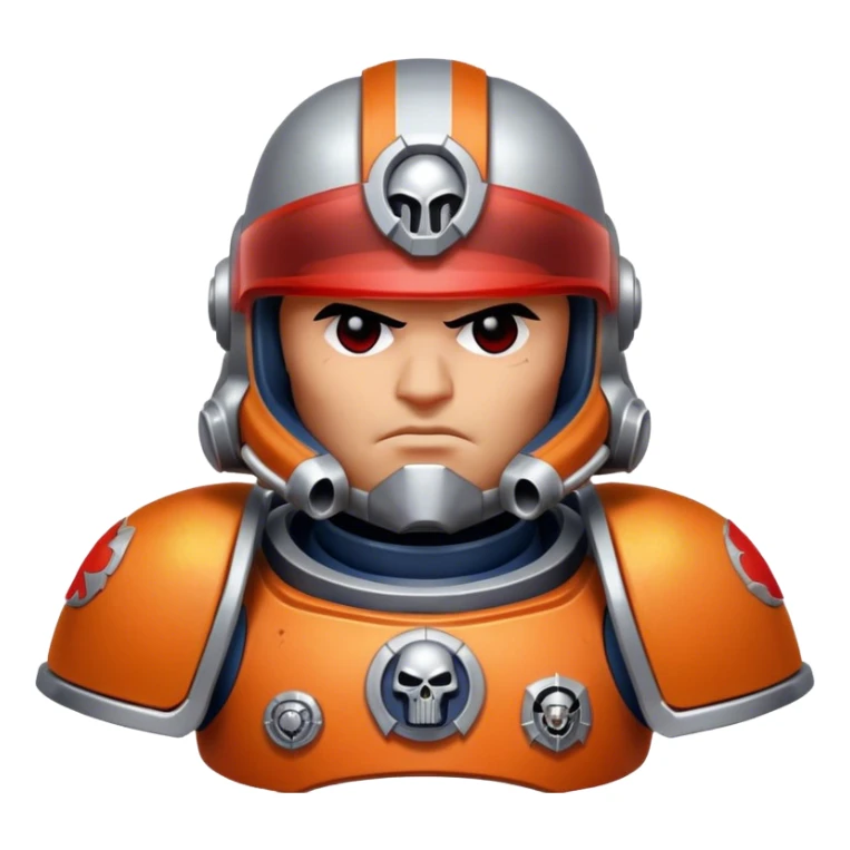 A space marine from Warhammer 40K, in orange and silver armor, with red visor sticker
