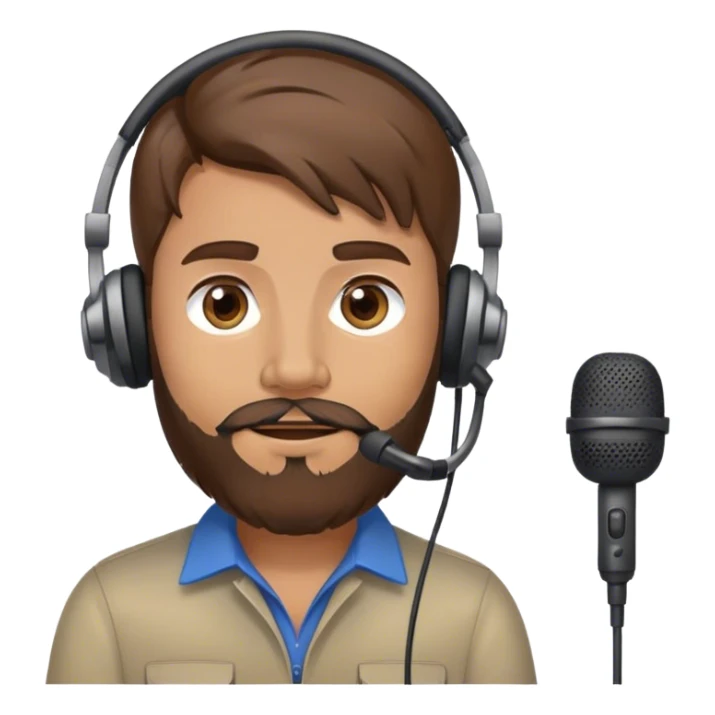 A man with brown hair and beard using a headset with mic sticker