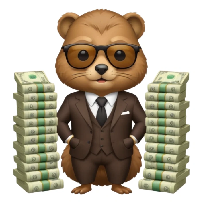 Beaver in suit wearing sunglasses surrounded by stacks if cash sticker