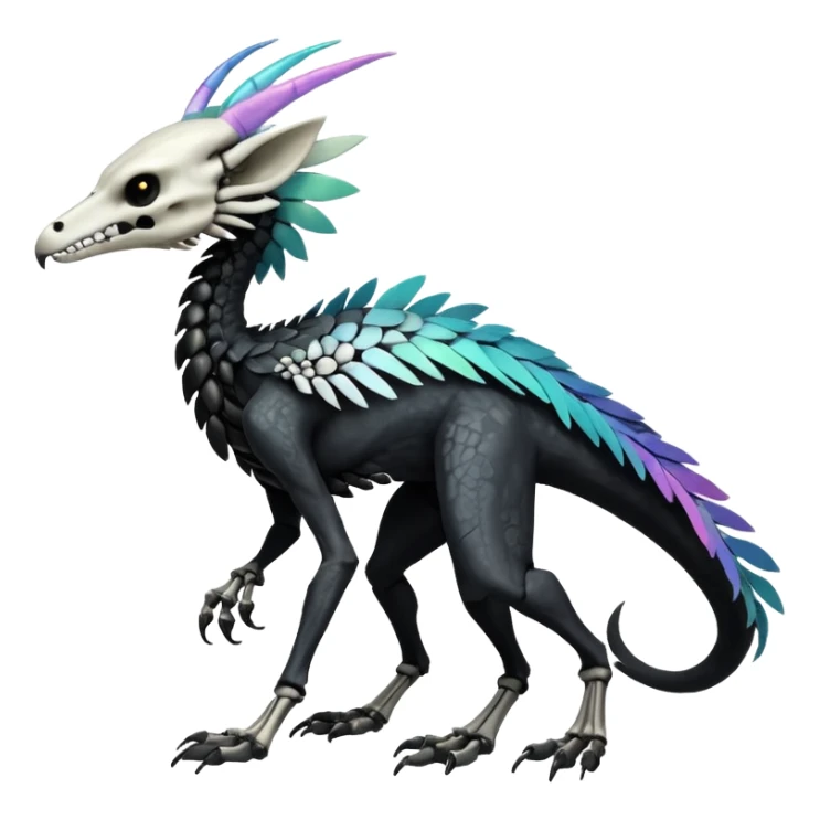 Rare realistic tribal patterned white whitish pastel colorful iridescent shiny glossy feathered skeletal badass epic handsome gorgeous aesthetic black-skulled Vernid-Trico-Sergal-Salandit-Nargacuga-species-Fakemon-creature by LiLaiRa, 4 legs, 1 tail, random markings, (full body) long ears sticker