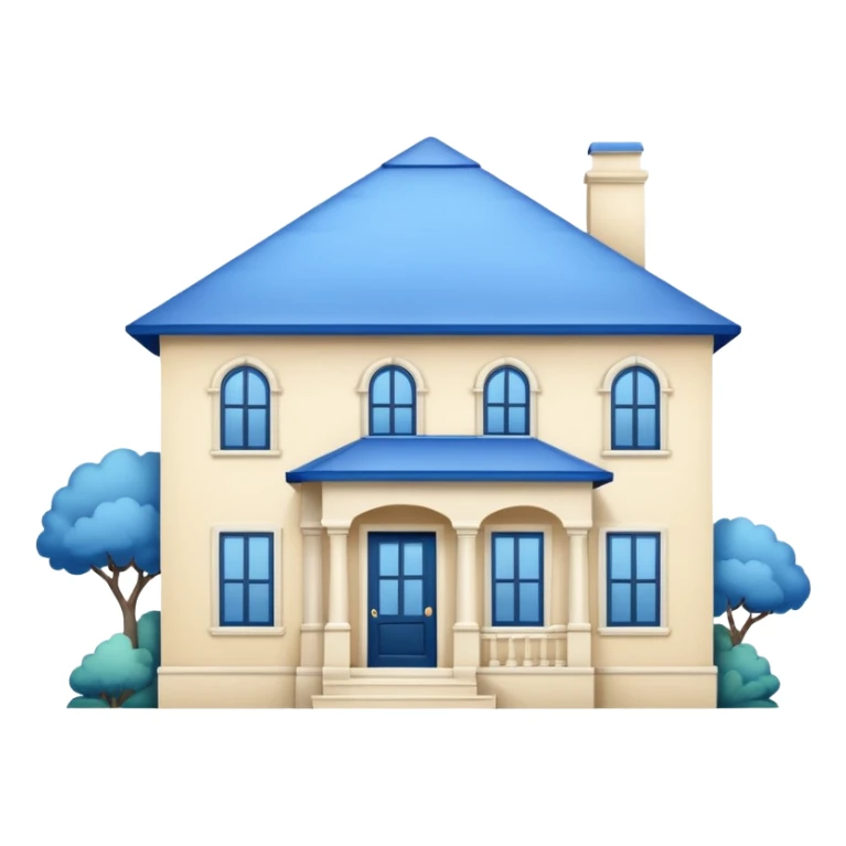 a creamy-colored house with blue trim and a blue roof sticker