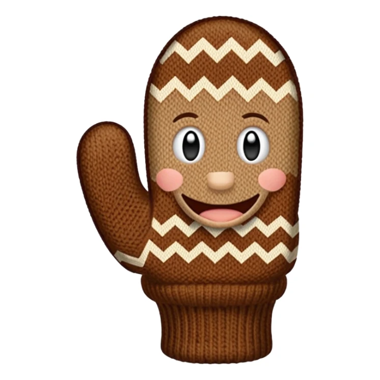 thumbs up fist in brown knit mitten with zig-zag beige pattern, no face sticker