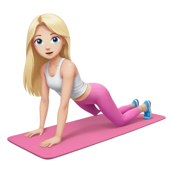 A cinematically realistic blonde with long hair and blue eyes, dressed in a white top and pink leggings, performs a sports exercise on a mat sticker